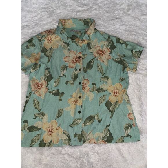 Jamaica Jazz Women’s Sz. XL green tropical Design Silk Blend Button Up Shirt - Picture 1 of 12